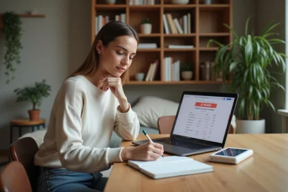 Femme concentrée utilisant un ordinateur pour calcul Airbnb