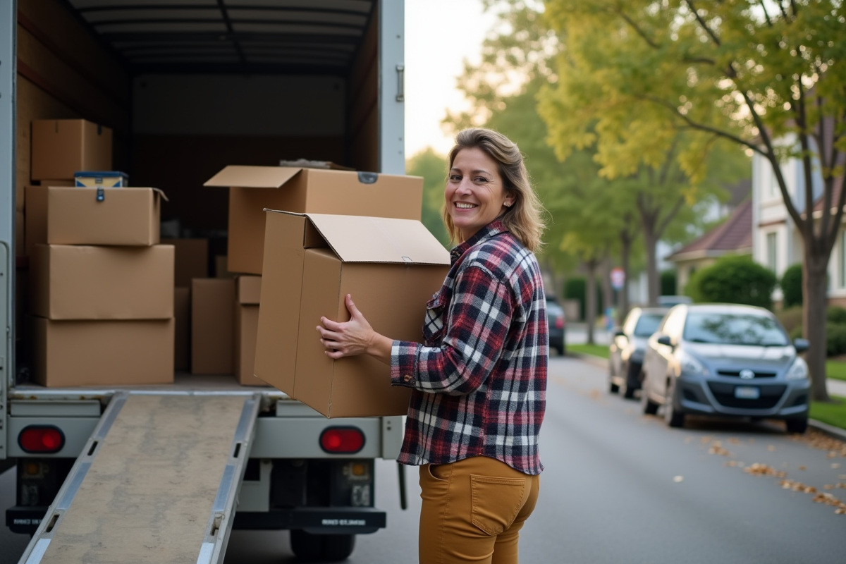 Femme arrangeant des objets dans un camion de déménagement