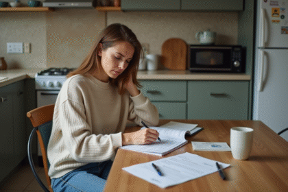 Femme remplissant des papiers d'assurance dans la cuisine