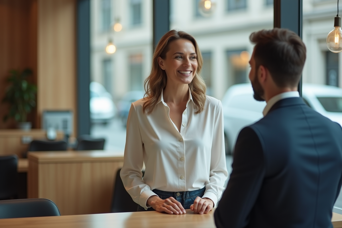 Femme souriante discutant avec un conseiller en prêt dans une agence bancaire