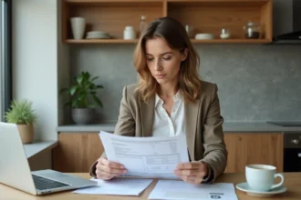 Femme en blouse et blazer examine documents de pret immobilier