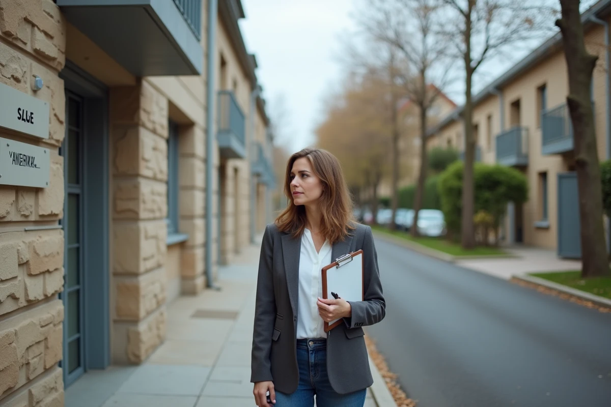 Femme primo-accédante évaluant un immeuble résidentiel à vendre en zone urbaine avec une plaquette de notes à la main