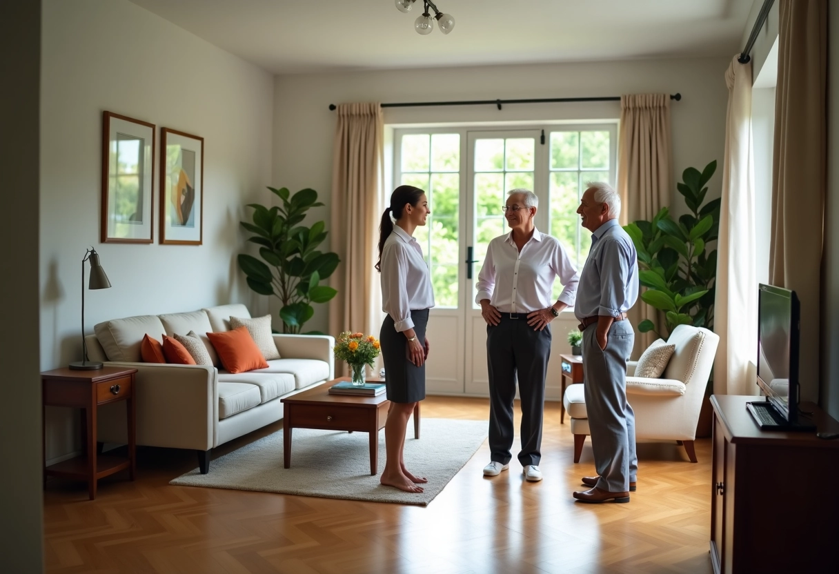 Femme professionnelle accueillant un couple dans un salon