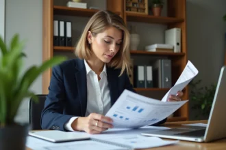 Femme professionnelle en bureau organisé pour un article immobilier