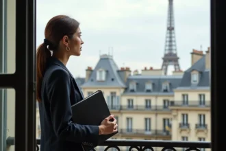 Jeune femme d affaires regardant Paris depuis un balcon