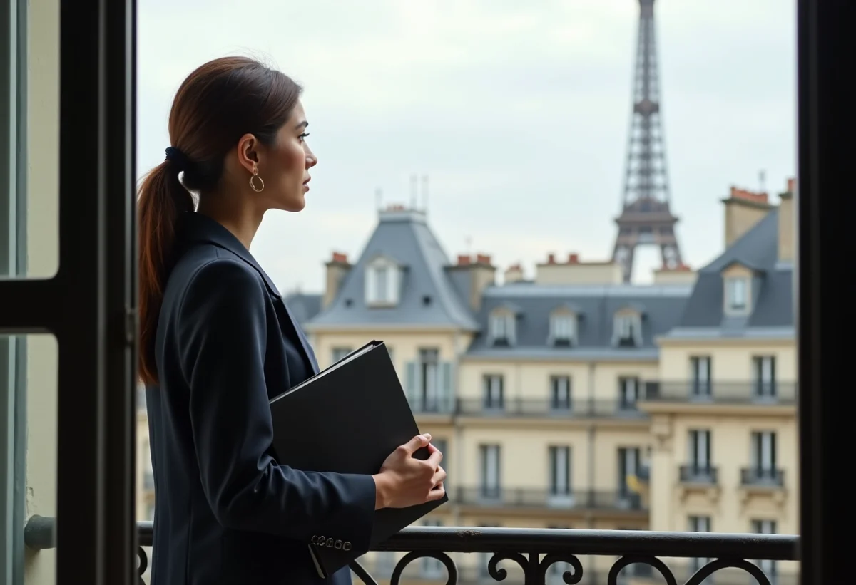 Jeune femme d affaires regardant Paris depuis un balcon