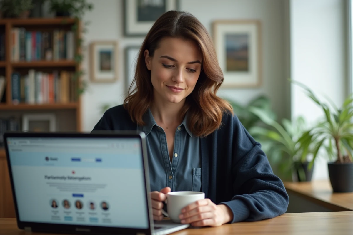 Femme recherchant un groupe d'habitat participatif sur un site internet depuis son bureau à domicile