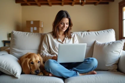 Femme cherchant une maison à louer avec animaux acceptés dans l'Eure sur ordinateur portable, accompagnée de son golden retriever