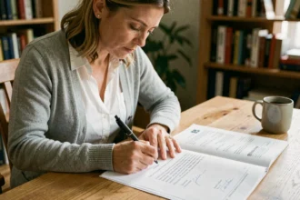 Femme rédigeant une lettre de résiliation d'assurance habitation à la main sur un bureau en bois