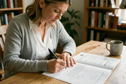 Femme rédigeant une lettre de résiliation d'assurance habitation à la main sur un bureau en bois