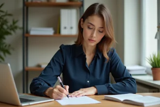Femme rédigeant une lettre de motivation pour un appartement à son bureau à domicile