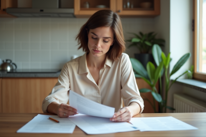 Femme en cuisine examinant des papiers avec concentration