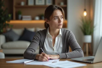 Femme réfléchissant à des documents juridiques dans un salon moderne