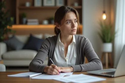 Femme réfléchissant à des documents juridiques dans un salon moderne
