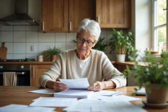 Femme d'âge moyen examine documents d'impôts à la maison