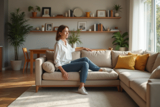 Femme élégante arrange un sofa dans un salon lumineux