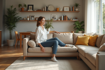 Femme élégante arrange un sofa dans un salon lumineux