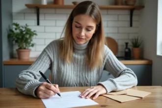 Femme signant une lettre de préavis d'appartement à une table en bois dans une cuisine moderne