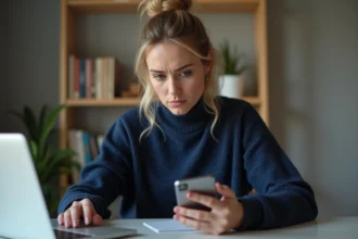 Femme consultant son smartphone avec une expression méfiante, interrogeant la fiabilité d'une application de gestion de données personnelles
