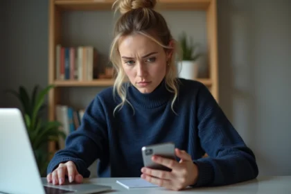 Femme consultant son smartphone avec une expression méfiante, interrogeant la fiabilité d'une application de gestion de données personnelles