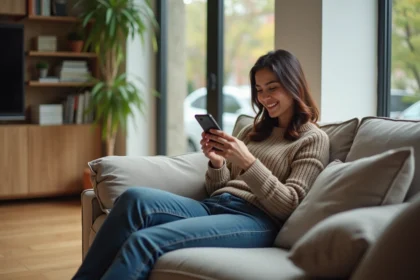 Jeune femme souriante utilisant son smartphone dans un salon lumineux
