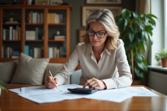 Femme de 40 ans triant ses documents fiscaux à la maison