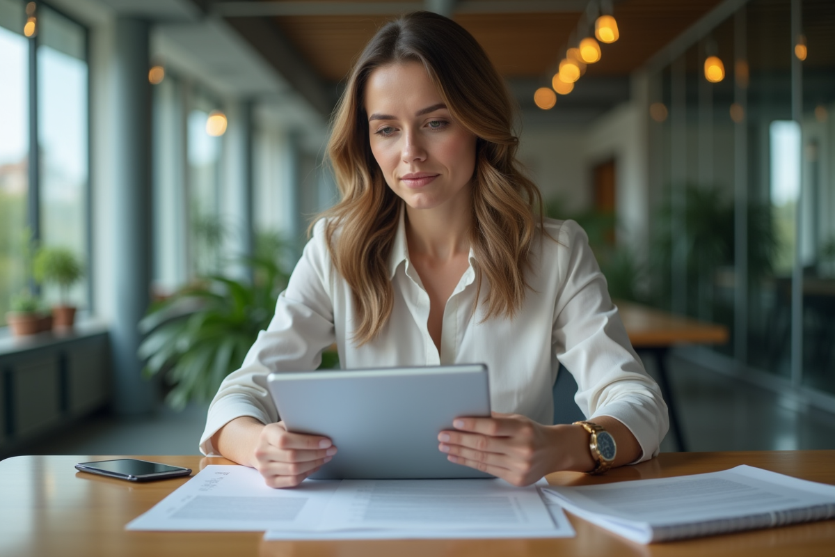 Femme en tenue professionnelle examine des documents au bureau