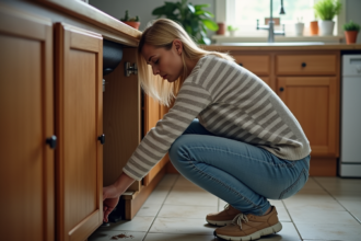 Femme examinant des dégâts d'eau sous un évier de cuisine