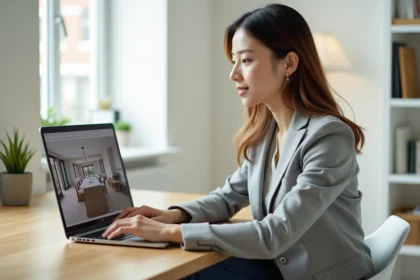 Femme explorant une visite virtuelle de maison gratuite sur son ordinateur portable depuis son bureau à domicile