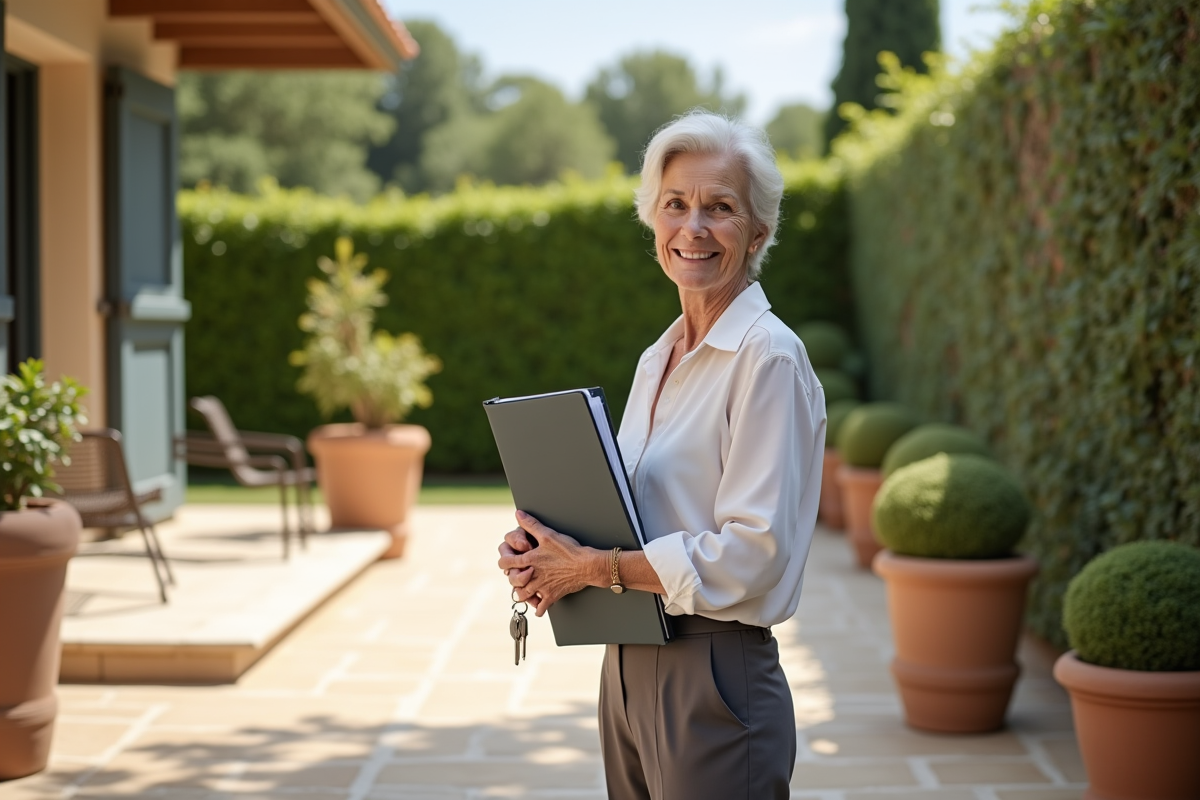 Femme senior tenant des clés devant une maison de vacances