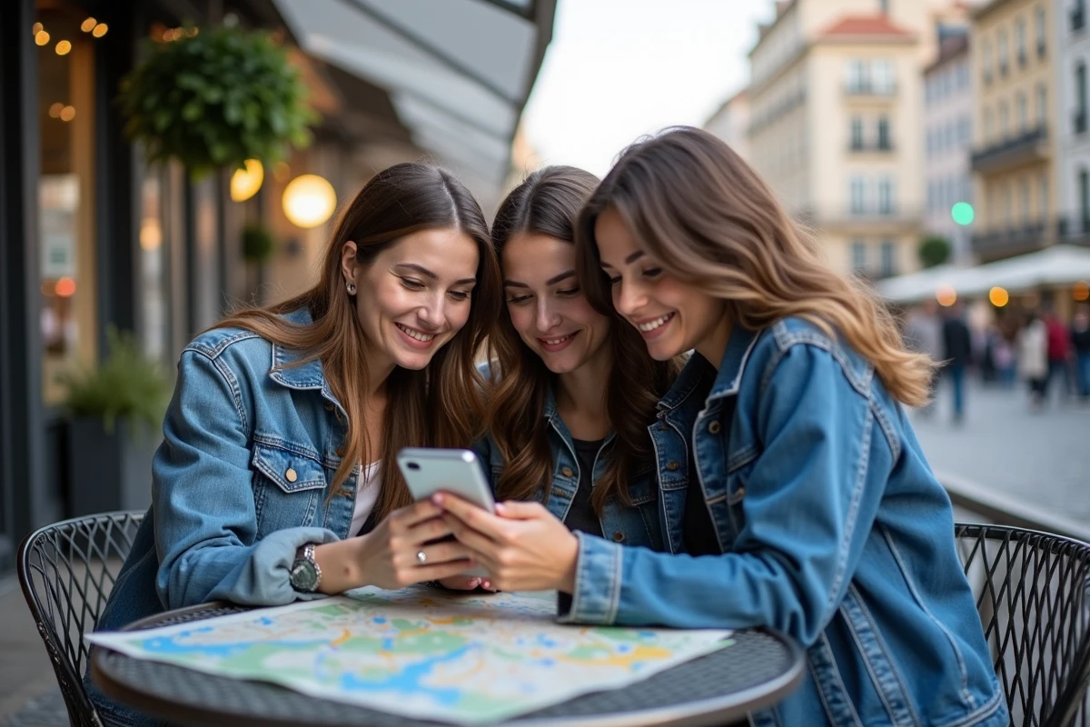 Trois femmes souriantes utilisant un smartphone en terrasse urbaine