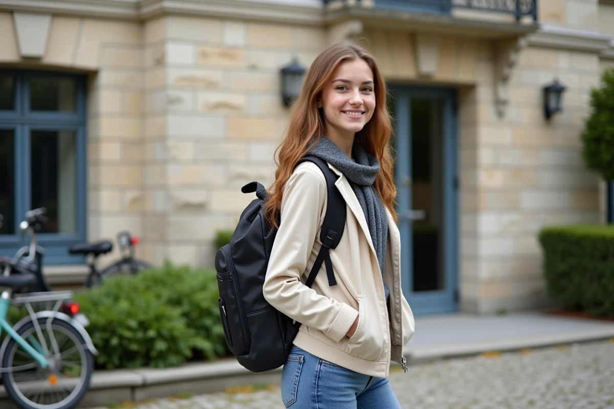 Jeune femme souriante devant une résidence étudiante à La Roche-sur-Yon