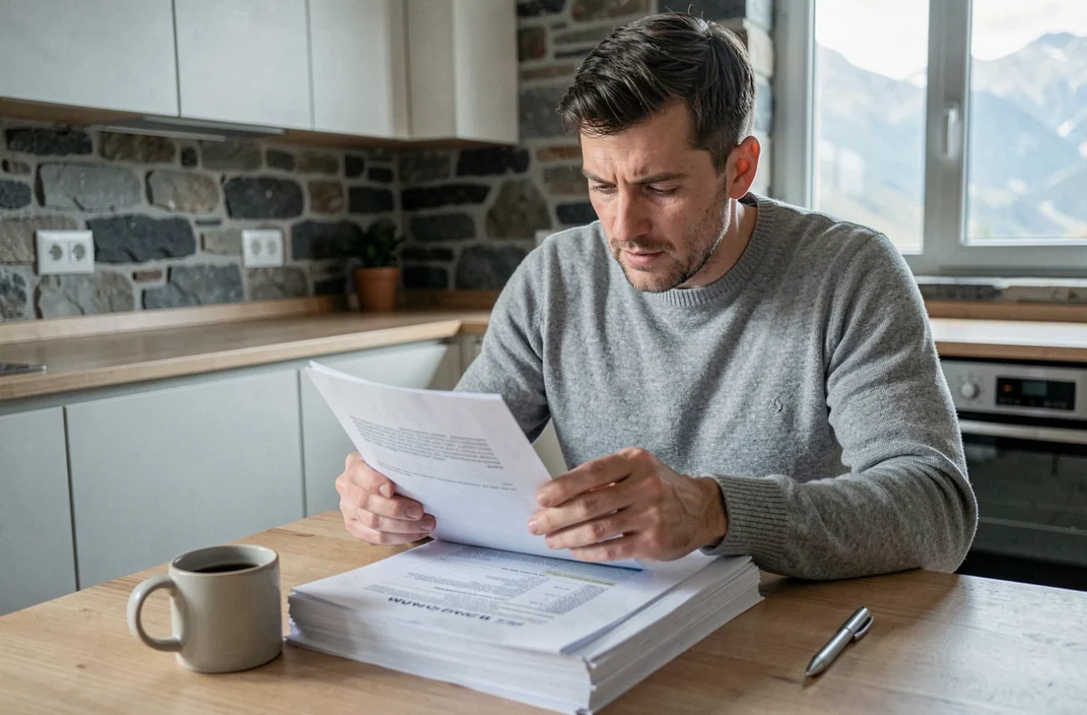 Homme étudiant des documents de financement immobilier dans un appartement en Andorre