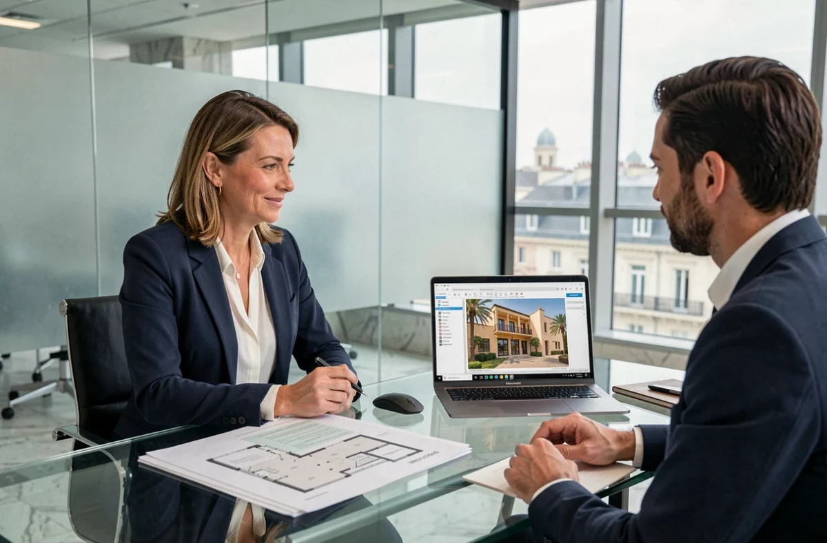 Une femme française consulte un conseiller bancaire à Paris pour obtenir un prêt immobilier afin d'acheter un appartement à Marrakech