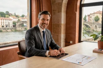 Conseiller FinancièreLib à Bayonne présentant un plan de financement immobilier personnalisé dans un bureau avec vue sur la Nive