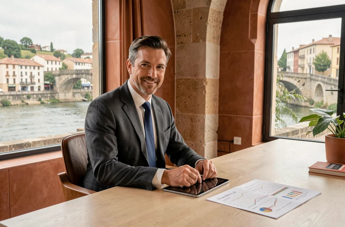 Conseiller FinancièreLib à Bayonne présentant un plan de financement immobilier personnalisé dans un bureau avec vue sur la Nive