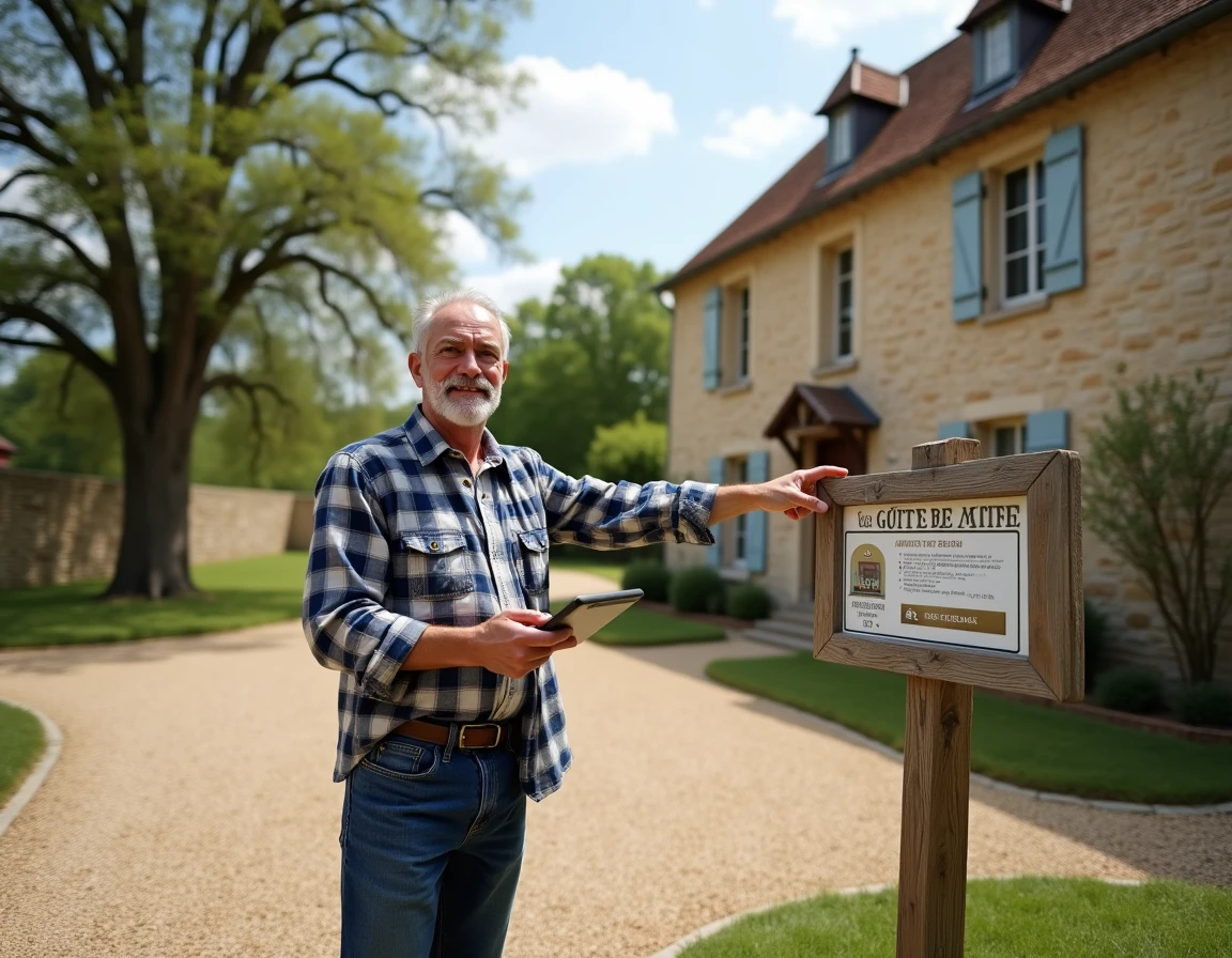 Propriétaire présentant son gîte rural en France avec une tablette pour gérer sa proposition via Itea