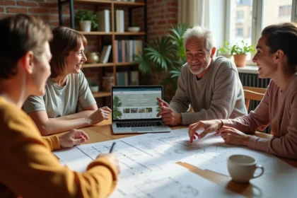 Groupe de futurs cohabitants réunis autour d'une table pour planifier leur habitat participatif