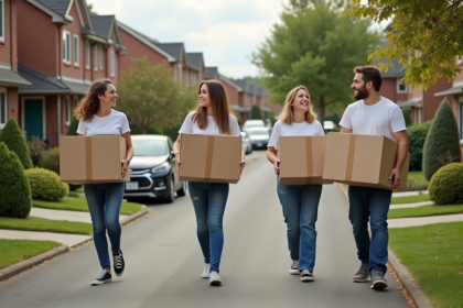 Groupe de jeunes et une femme âgée avec cartons devant maison