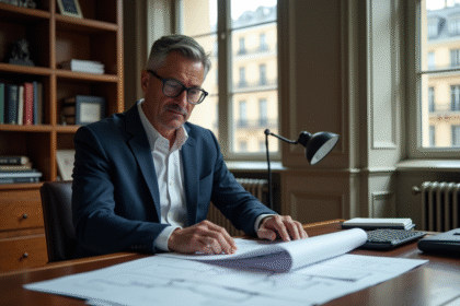 Homme d'affaires en costume regardant des plans à Paris