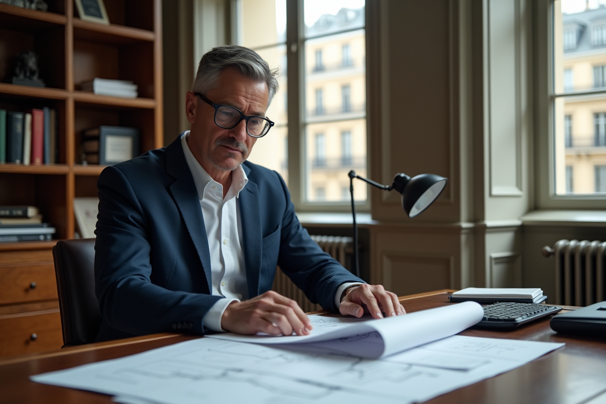 Homme d'affaires en costume regardant des plans à Paris