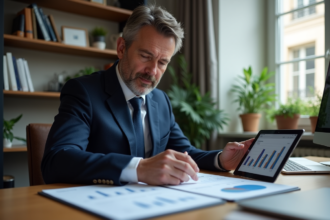Homme d'affaires en costume bleu dans un bureau moderne à Paris