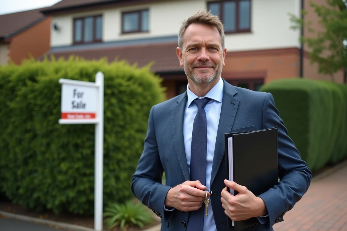 Homme avec clés et dossier devant une maison à vendre