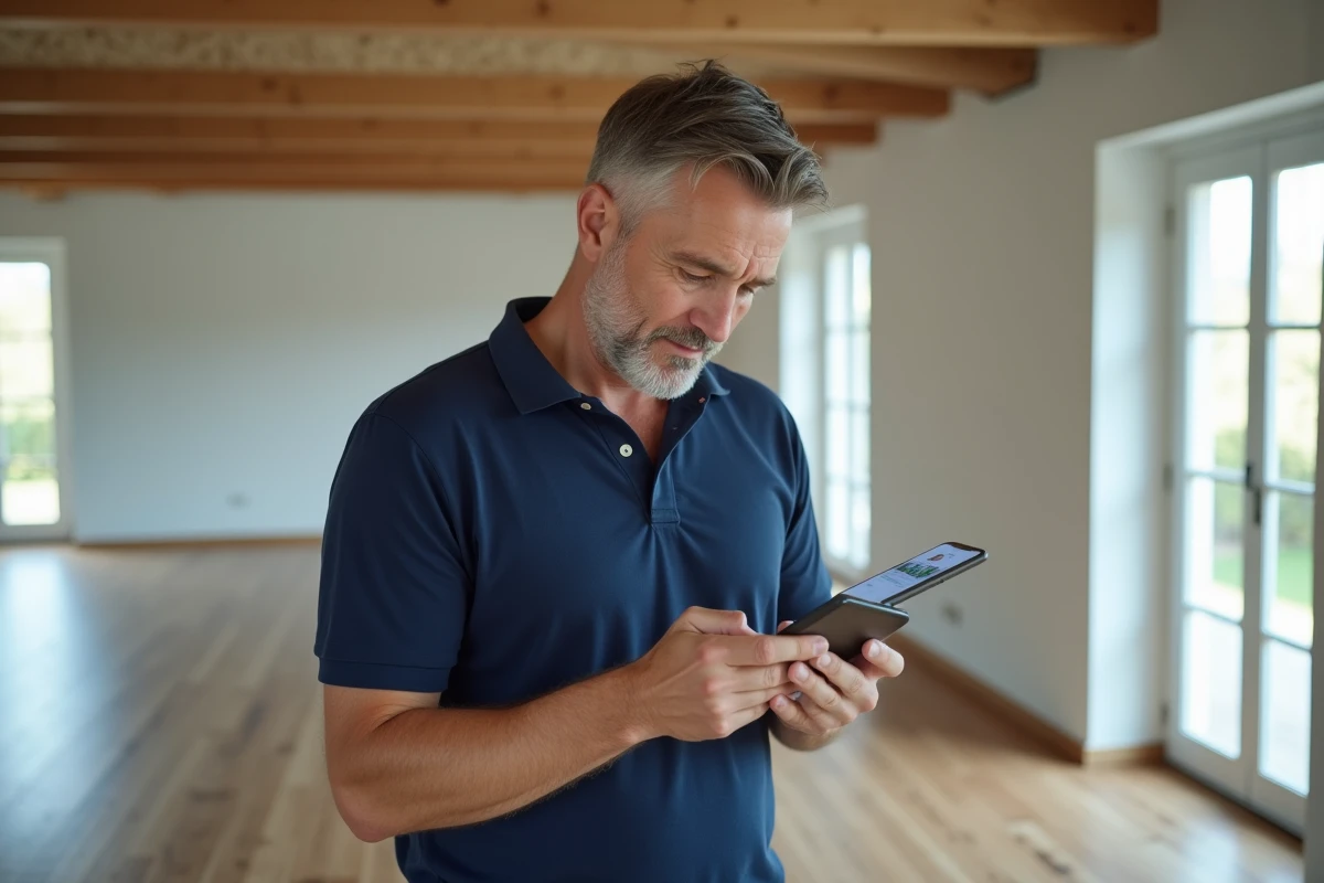 Homme comparant la visite virtuelle 360 d'une maison sur smartphone lors d'une visite physique du bien