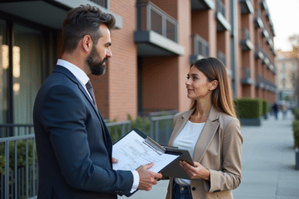 Homme d'affaires avec documents immobiliers et femme en extérieur