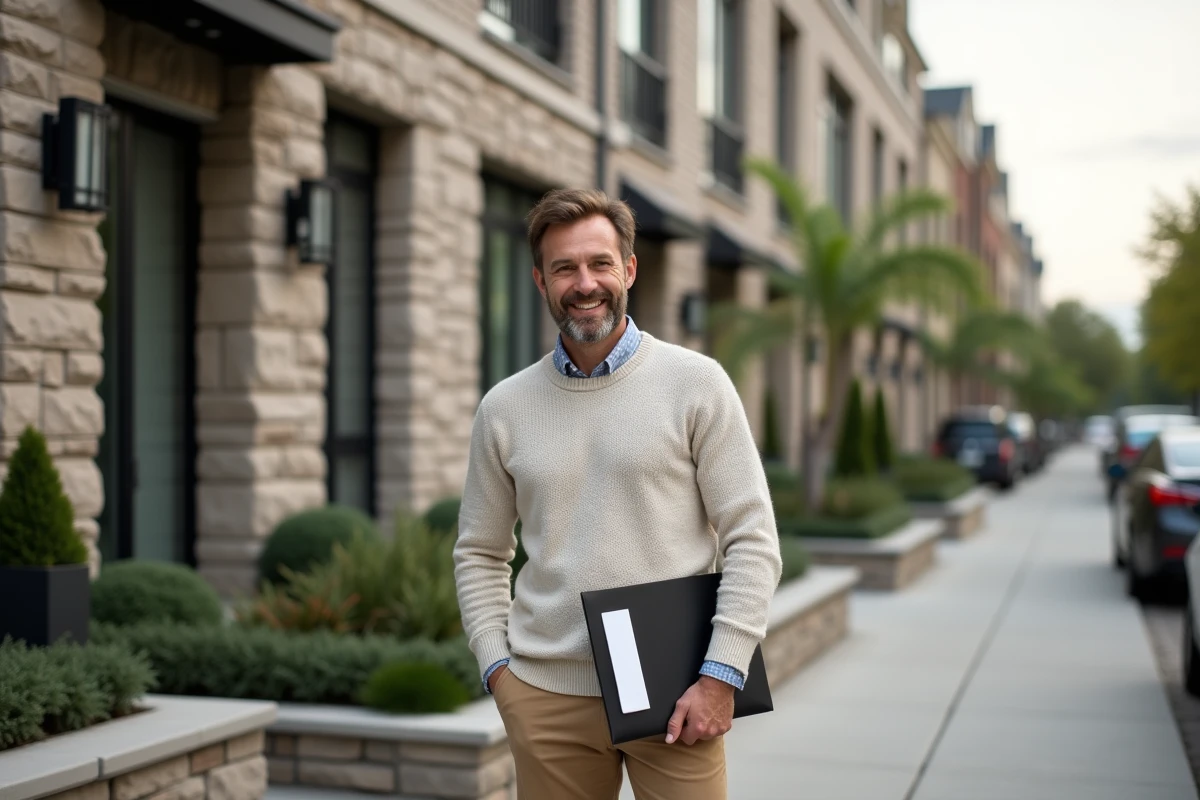Homme souriant devant un immeuble résidentiel neuf