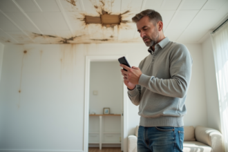 Homme préoccupé inspectant des taches d'eau au plafond