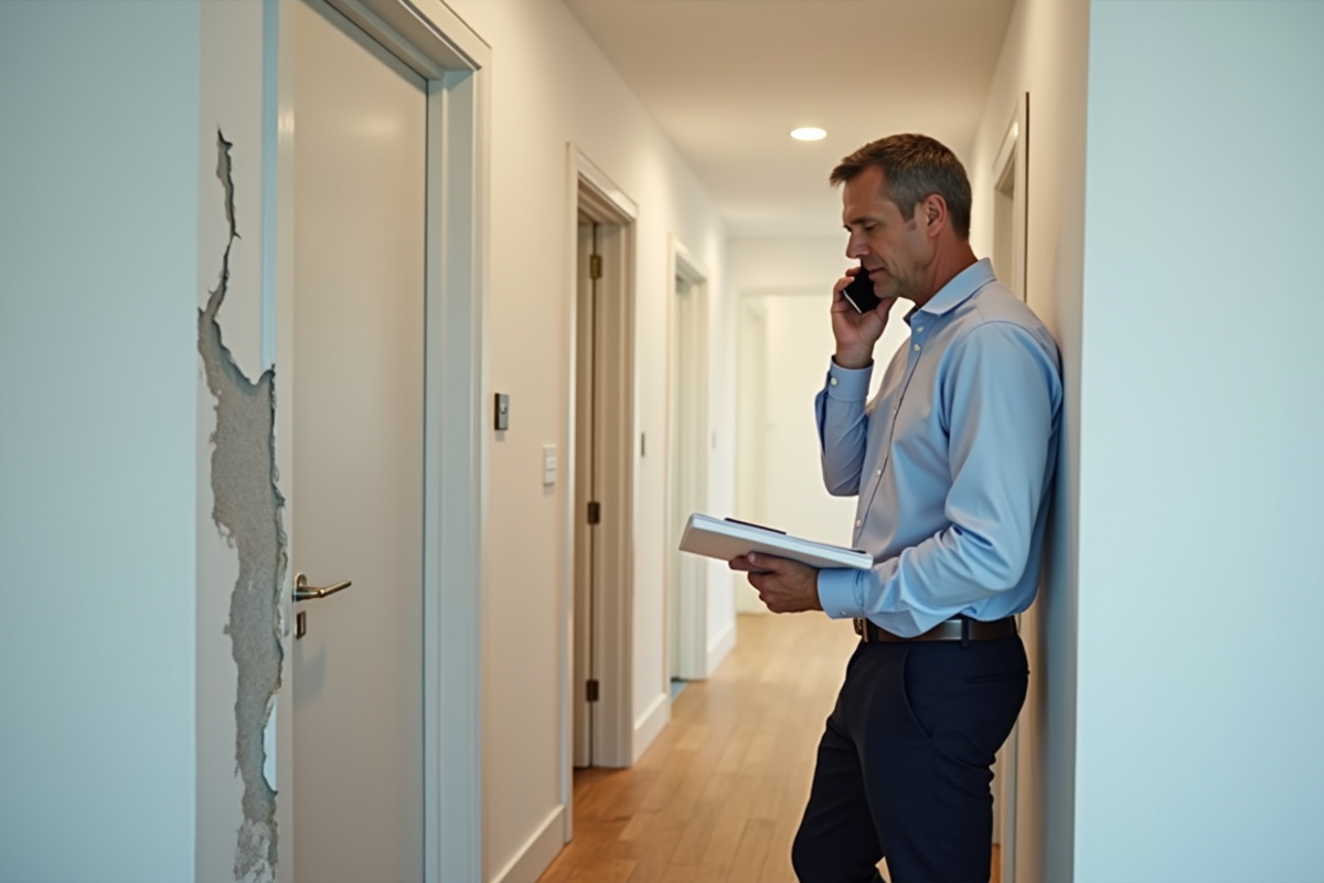 Homme parlant au téléphone près d’un mur endommage
