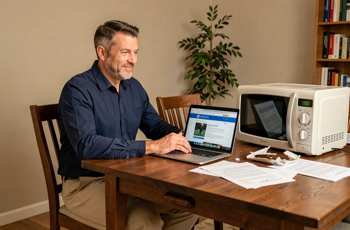 Homme consultant son assurance habitation en ligne avec un four micro-ondes endommagé posé sur la table
