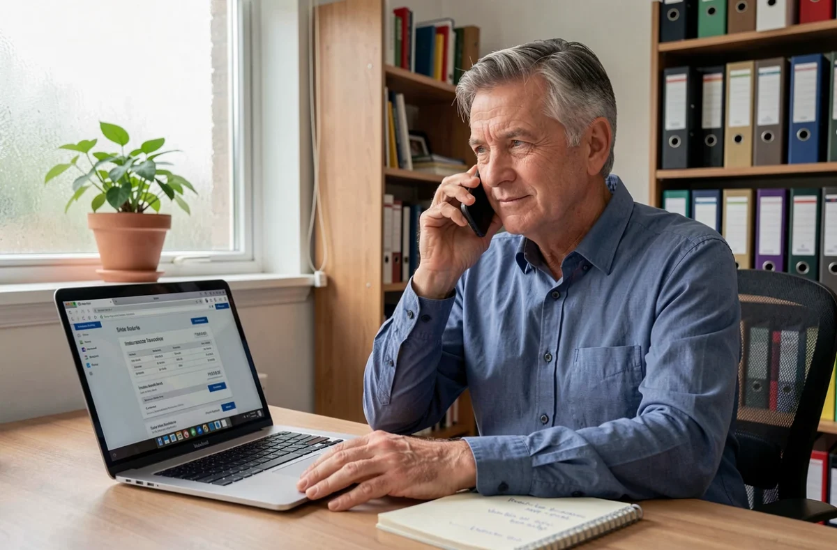Homme au téléphone consultant un devis d'assurance habitation sur son ordinateur portable